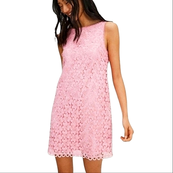 Kate Spade Leaf Lace Shift Dress Pink Floral Crochet Scalloped Hem Pom Pom Trim - Picture 1 of 16